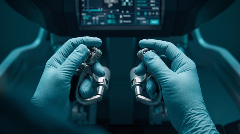 Mãos do cirurgião no console de cirurgia robótica.