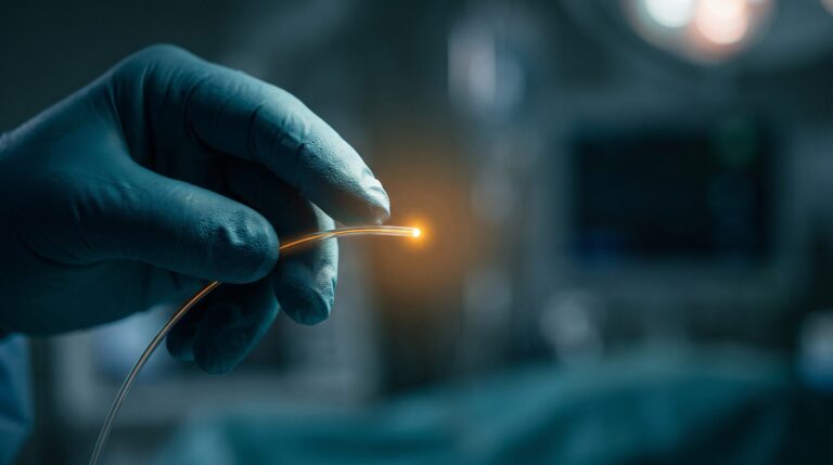 Feixe de laser em centro cirúrgico moderno, representando a cirurgia de próstata a laser (HoLEP).