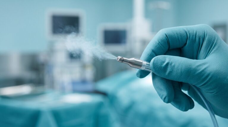 Dispositivo médico liberando vapor d'água frio, representando o tratamento da próstata por vapor (Rezum).
